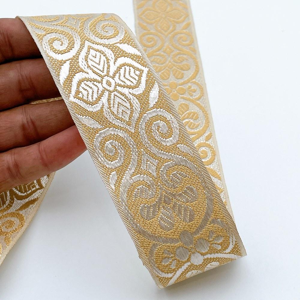 40mm Ready-to-Dye Scrollwork Lace Tape - Woven Trim for Sarees, Apparel, and Crafts, shown on white cotton