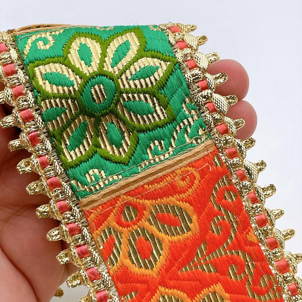 70mm Heavy Indian Bridal Brocade Border with Gold Fringe - Woven Floral Trim for Lehengas, shown on white cotton