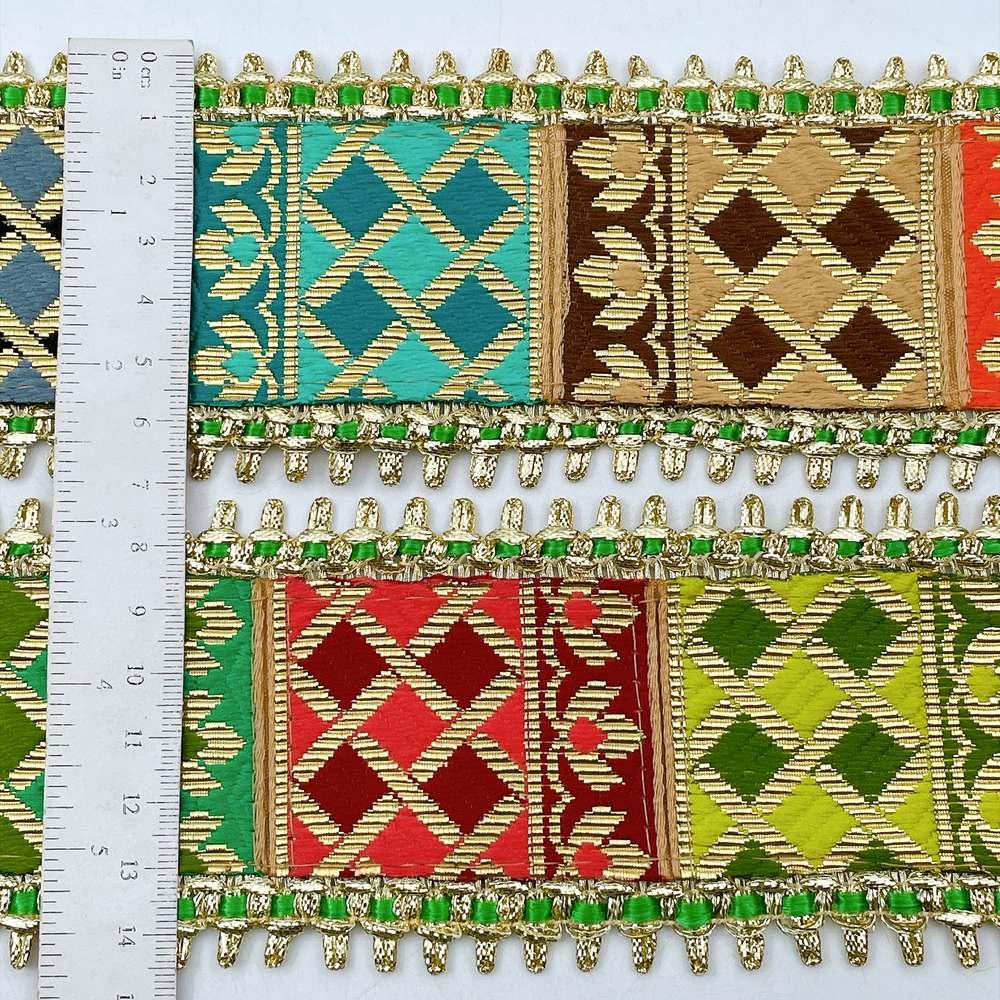 70mm Heavy Indian Bridal Brocade Border with Gold Fringe - Woven Floral Trim for Lehengas, view 2