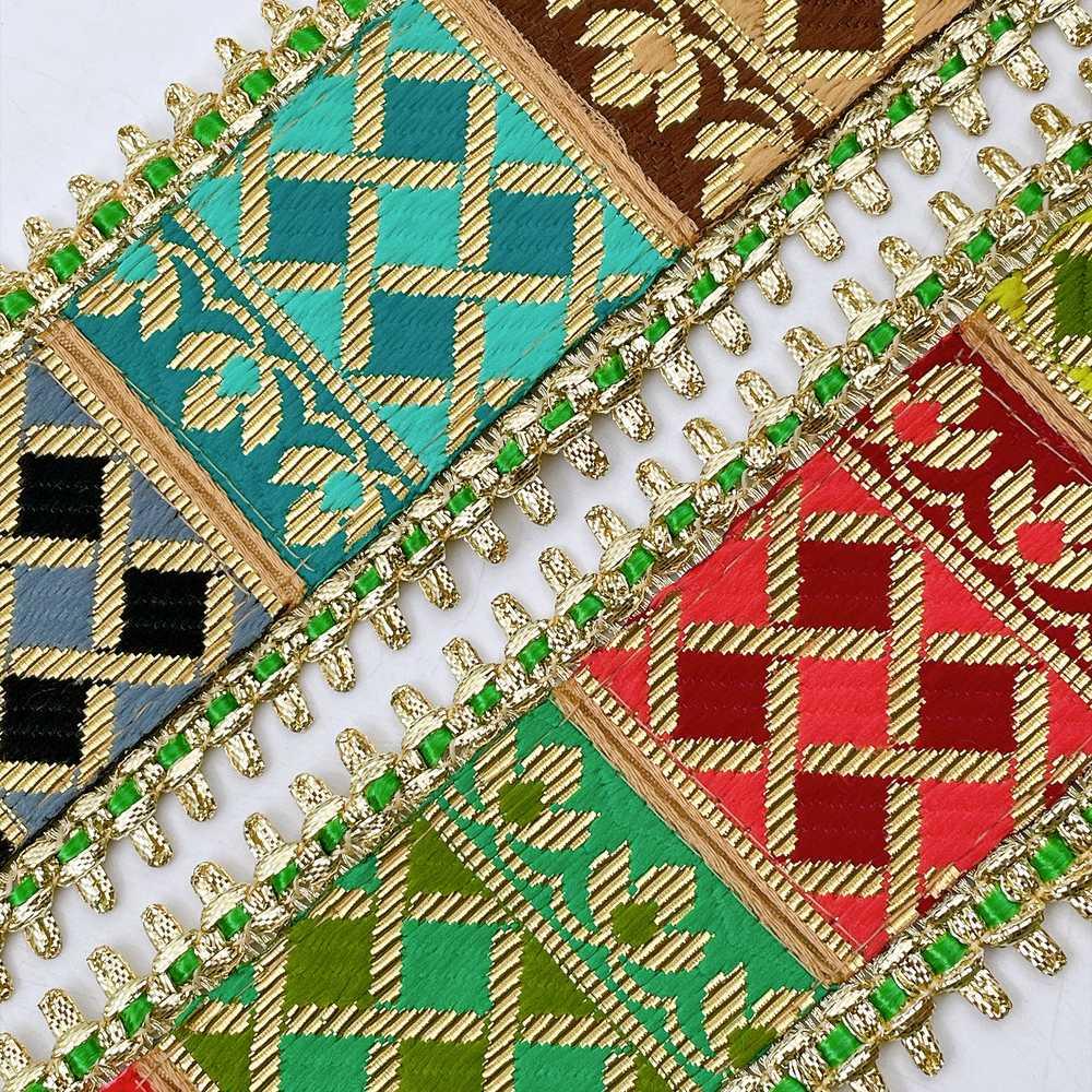 70mm Heavy Indian Bridal Brocade Border with Gold Fringe - Woven Floral Trim for Lehengas, view 3