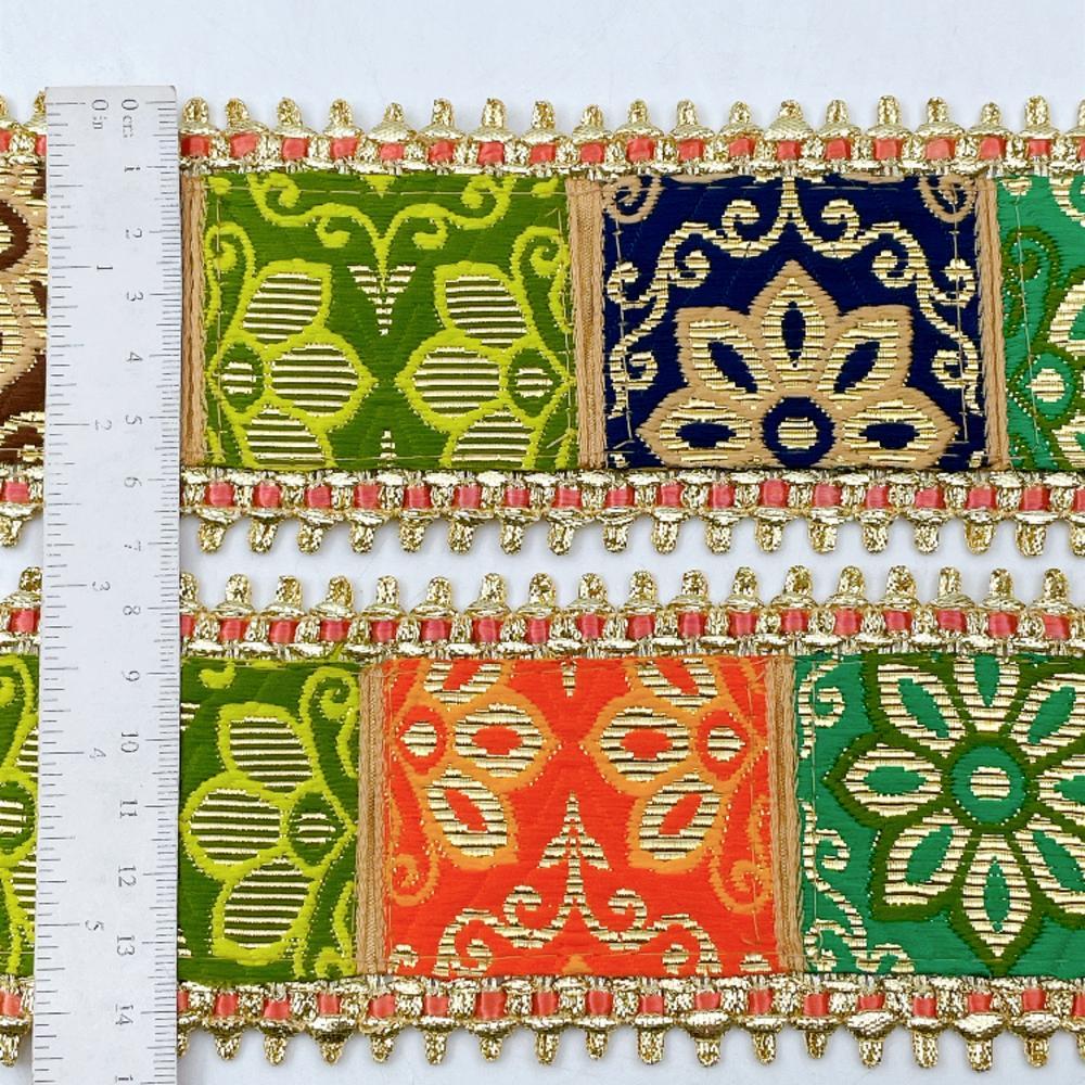 70mm Heavy Indian Bridal Brocade Border with Gold Fringe - Woven Floral Trim for Lehengas, view 2