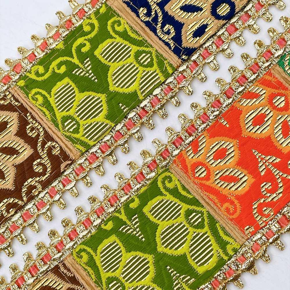 70mm Heavy Indian Bridal Brocade Border with Gold Fringe - Woven Floral Trim for Lehengas, view 3