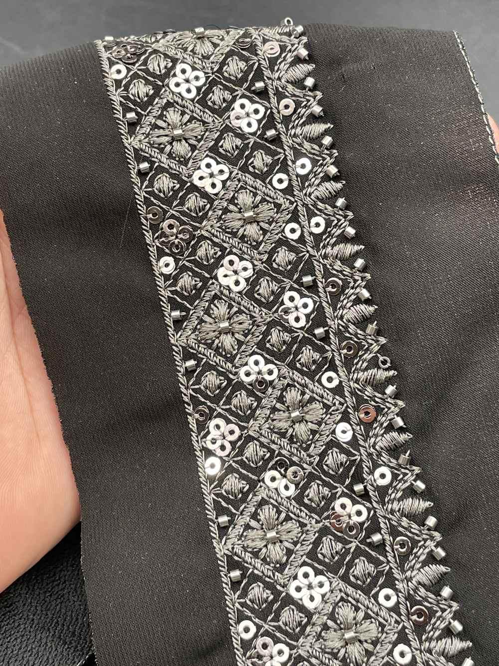 40mm Grid Pattern Cutdana Lace - Wide Beaded Sequin Lattice Trim for Bridal Wear in Black
