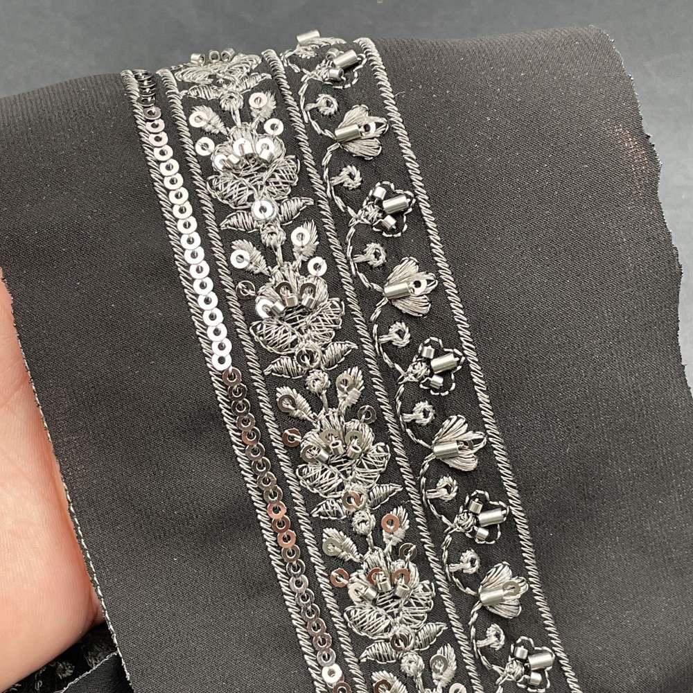40mm Sequin and Bead Lace Trim - Dual Floral Vine Border for Evening Gowns in Black