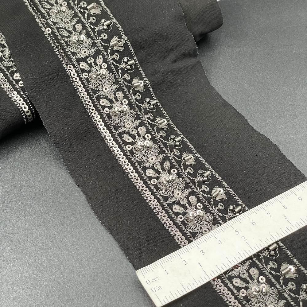 40mm Sequin and Bead Lace Trim - Dual Floral Vine Border for Evening Gowns, view 1