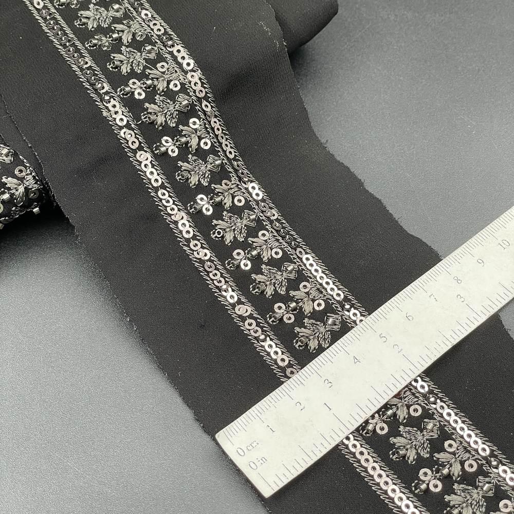 30mm Gunmetal Sequin and Cutdana Lace Trim - Heavy Embroidered Border for Evening Wear and Gowns, view 1