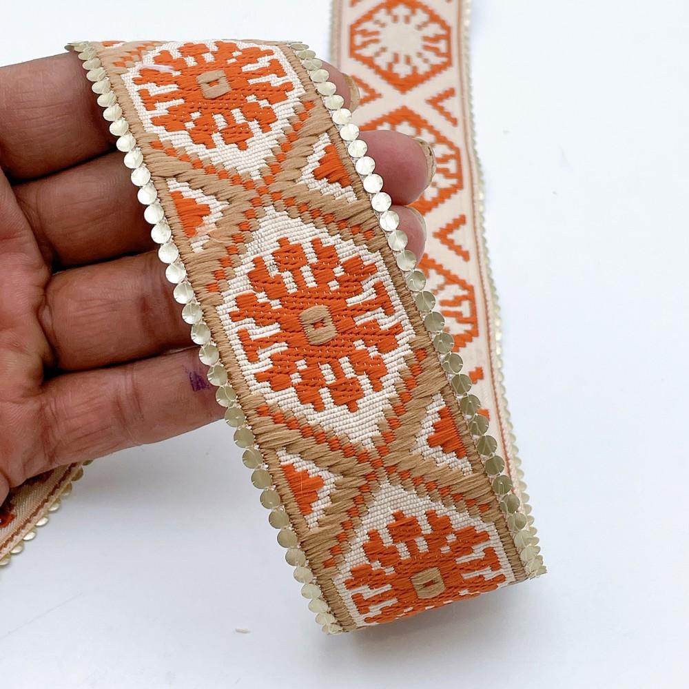 40mm Jacquard Ribbon Trim with Cotton Frill - Woven Geometric Border for Apparel and Crafts in Orange