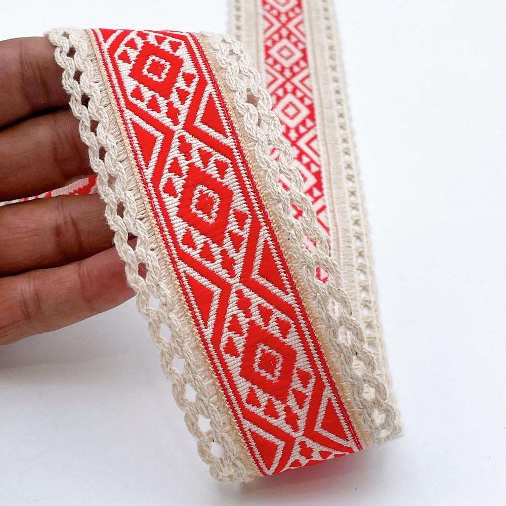 50mm Jacquard Ribbon Trim with Cotton Frill - Woven Geometric Border for Ethnic Wear in Orange