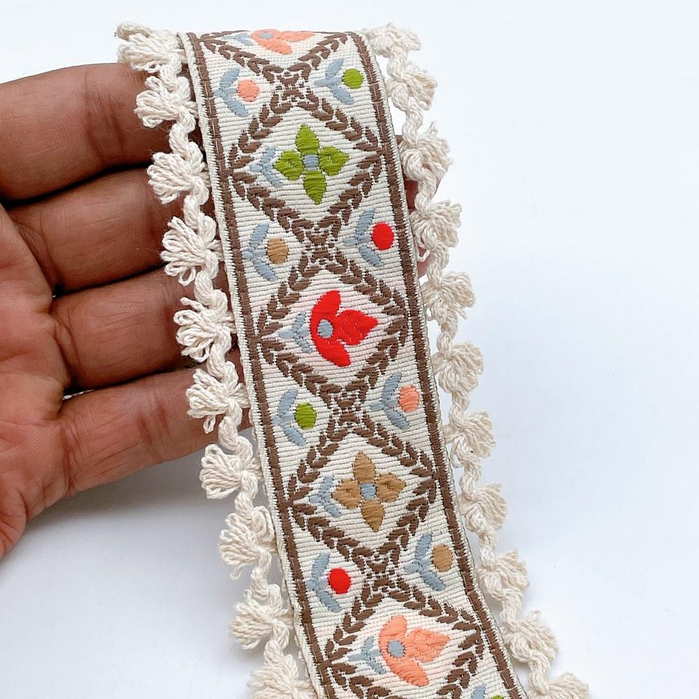 55mm Jacquard Ribbon Trim with Cotton Frill - Woven Geometric Border for Ethnic Wear in Brown