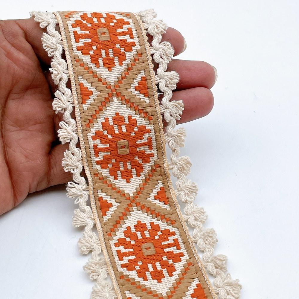 60mm Jacquard Ribbon Trim with Cotton Frill - Woven Geometric Border for Ethnic Wear in Orange