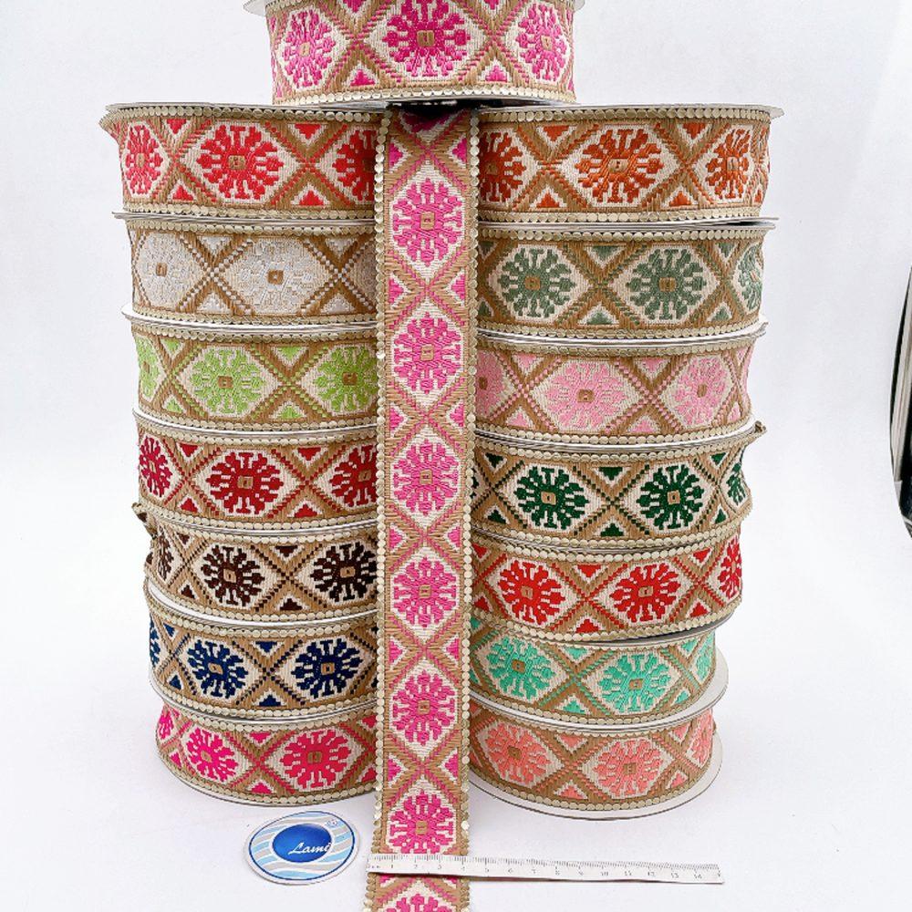 40mm Jacquard Ribbon Trim with Cotton Frill - Woven Geometric Border for Apparel and Crafts, view 1