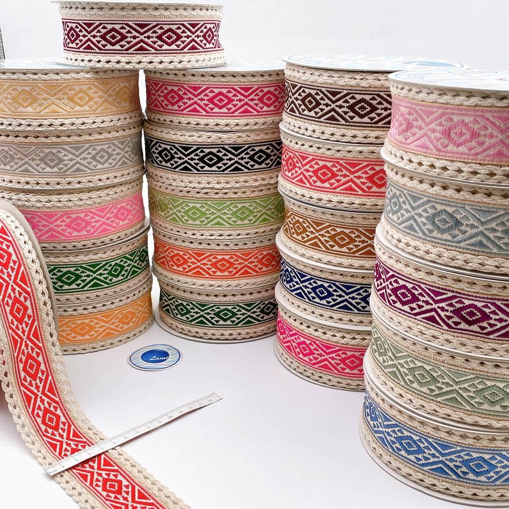 50mm Jacquard Ribbon Trim with Cotton Frill - Woven Geometric Border for Ethnic Wear, view 1