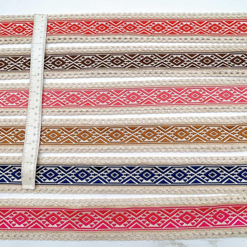 50mm Jacquard Ribbon Trim with Cotton Frill - Woven Geometric Border for Ethnic Wear, view 3