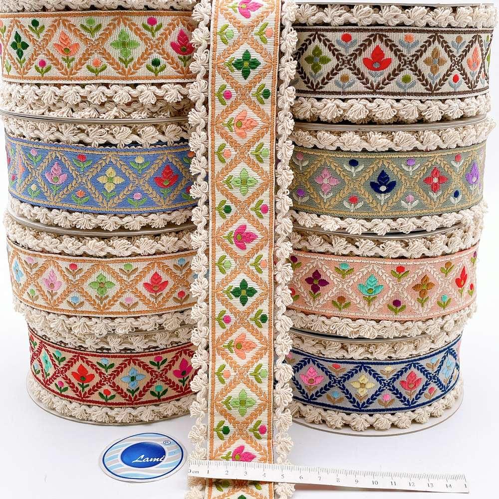 55mm Jacquard Ribbon Trim with Cotton Frill - Woven Geometric Border for Ethnic Wear, view 1
