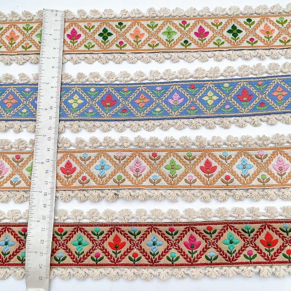 55mm Jacquard Ribbon Trim with Cotton Frill - Woven Geometric Border for Ethnic Wear, view 3
