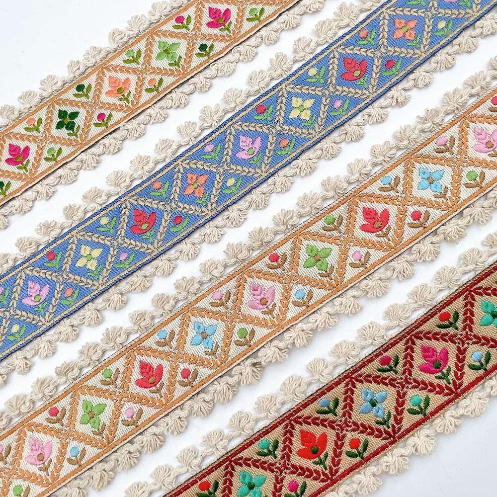 55mm Jacquard Ribbon Trim with Cotton Frill - Woven Geometric Border for Ethnic Wear, view 4