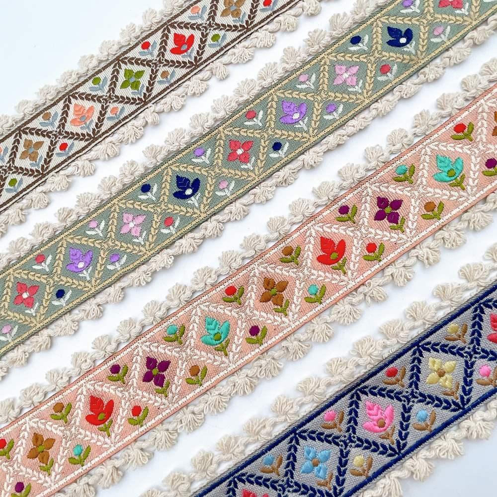 55mm Jacquard Ribbon Trim with Cotton Frill - Woven Geometric Border for Ethnic Wear, view 5