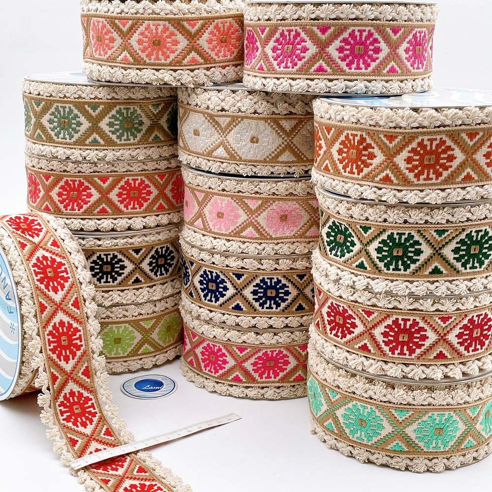60mm Jacquard Ribbon Trim with Cotton Frill - Woven Geometric Border for Ethnic Wear, view 1