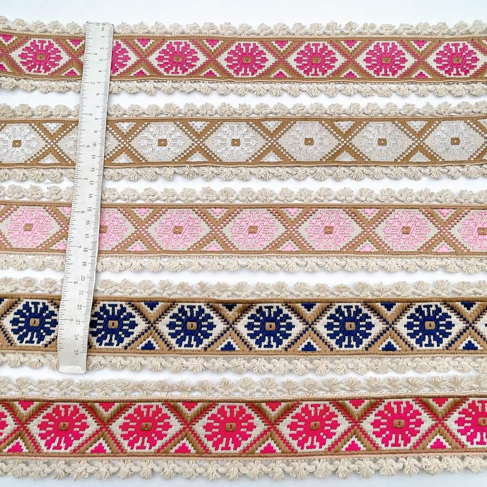 60mm Jacquard Ribbon Trim with Cotton Frill - Woven Geometric Border for Ethnic Wear, view 3