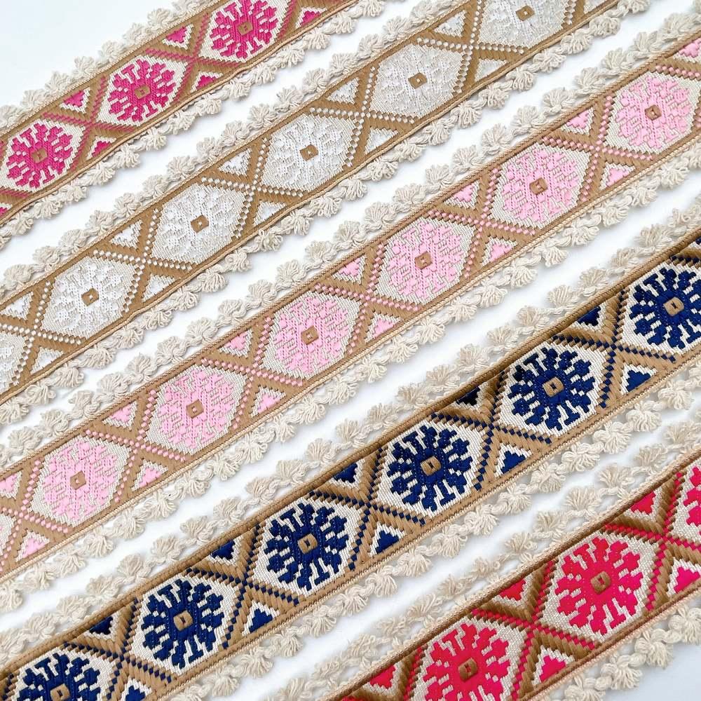 60mm Jacquard Ribbon Trim with Cotton Frill - Woven Geometric Border for Ethnic Wear, view 6
