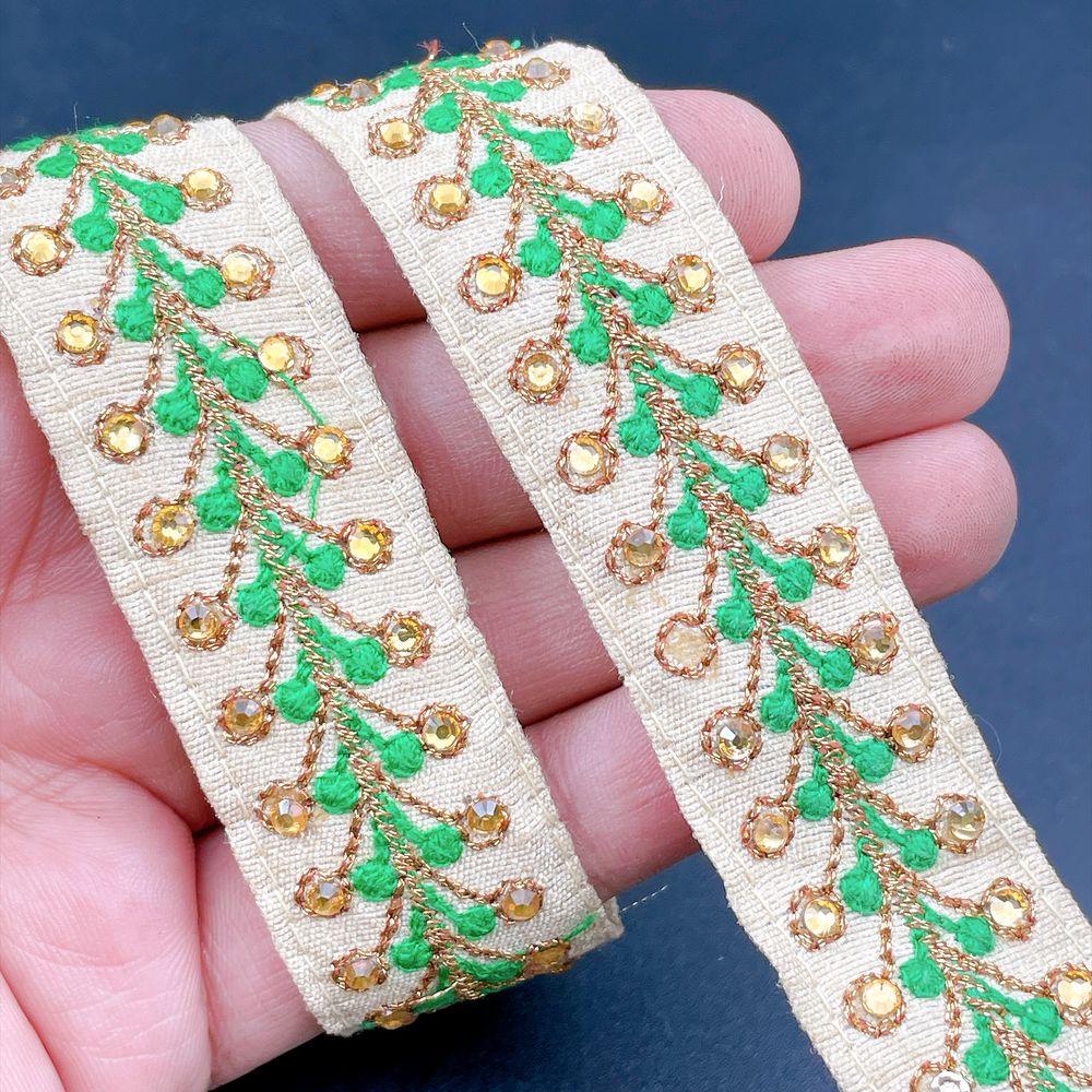 22mm Embroidered Vine Lace Trim - Sequin Botanical Border for Apparel and Crafts in Green
