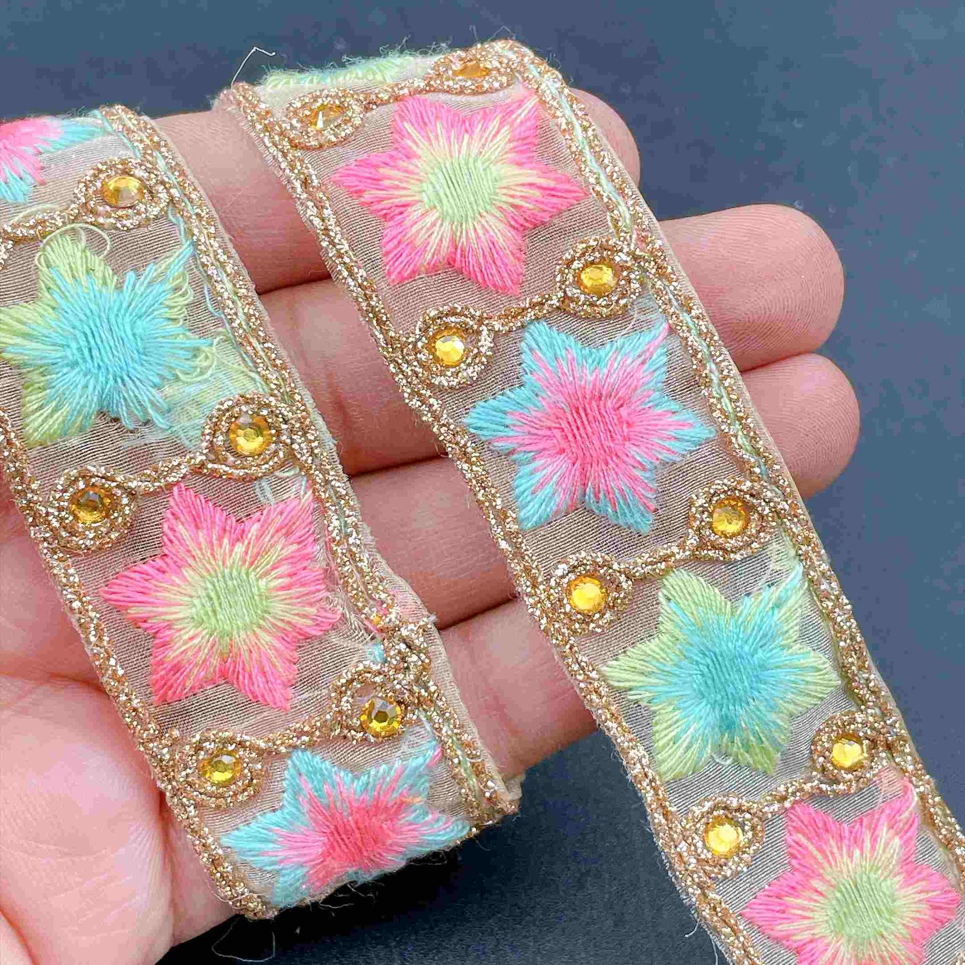28mm Premium Embroidered Net Tape with Star Motif and Sequined Edge in Multicolour