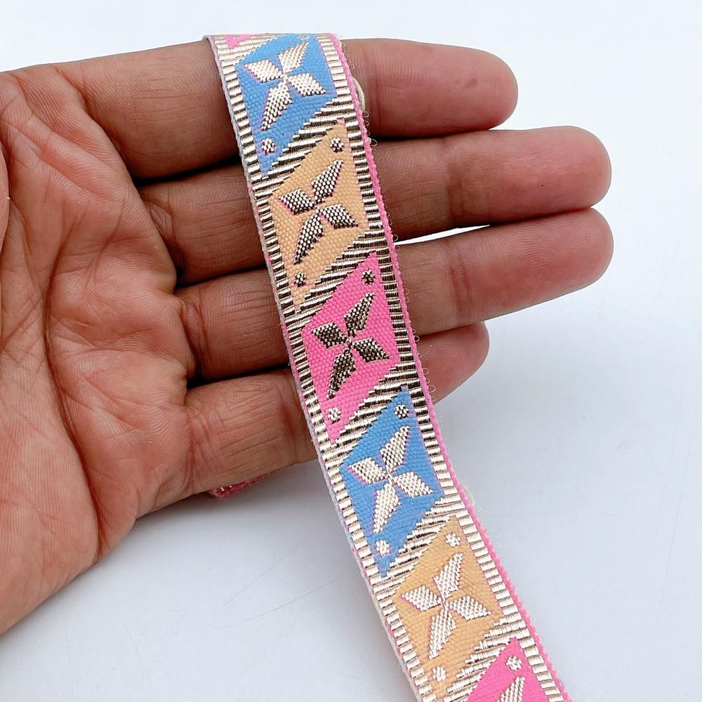 20mm Geometric Zari Motif Ribbon - Shimmering Border for Lehengas and Crafts in Sky Blue