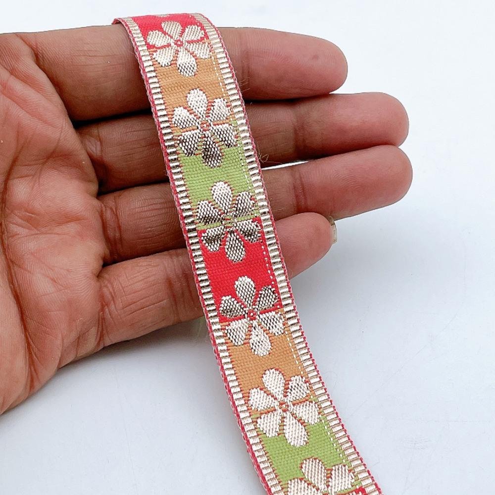 20mm Floral Zari Motif Ribbon - Shimmering Border for Lehengas and Crafts in Red