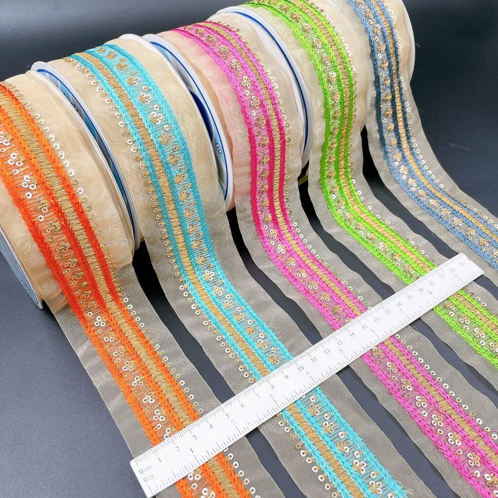 28mm Designer Zari & Thread Embroidery Lace with Sequins Work, view 1