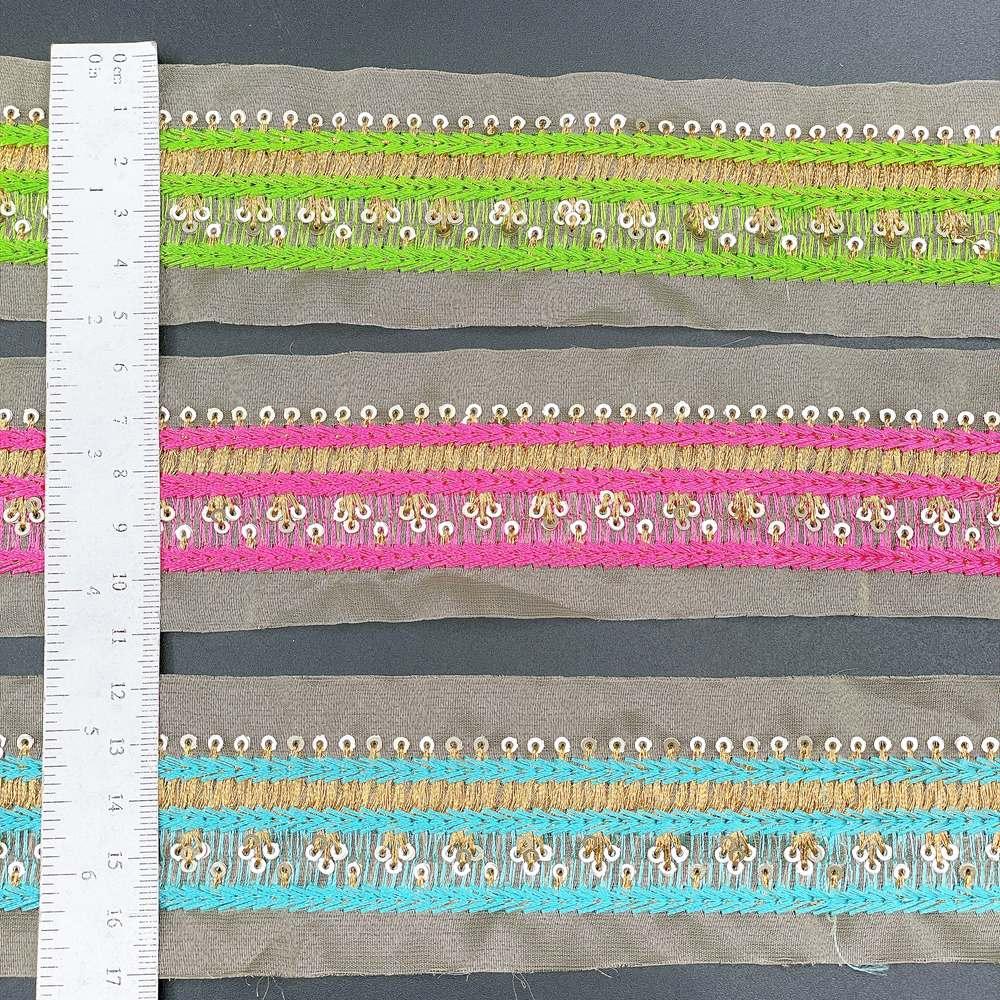 28mm Designer Zari & Thread Embroidery Lace with Sequins Work, view 2