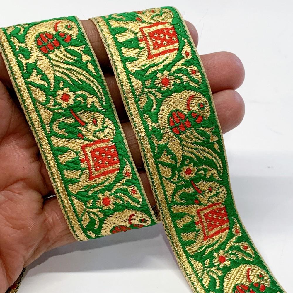 30mm Designer Hathi Mor Banarasi Jacquard Ribbon with Golden Zari Thread Work in Green