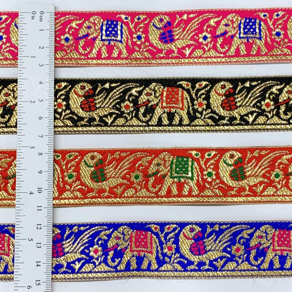 30mm Designer Hathi Mor Banarasi Jacquard Ribbon with Golden Zari Thread Work, view 3