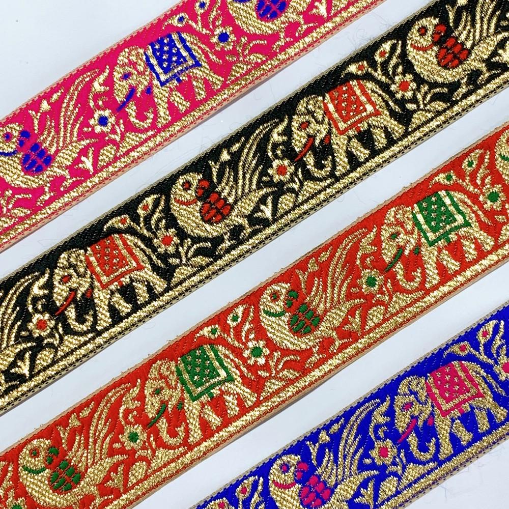 30mm Designer Hathi Mor Banarasi Jacquard Ribbon with Golden Zari Thread Work, view 5