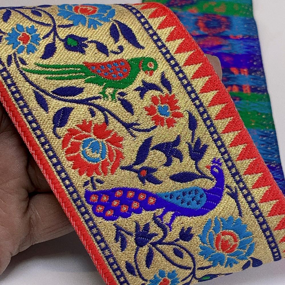 75mm Traditional Peacock & Parrot Jacquard Ribbon - Woven Banarasi Golden Zari Border for Ethnic Wear in Red