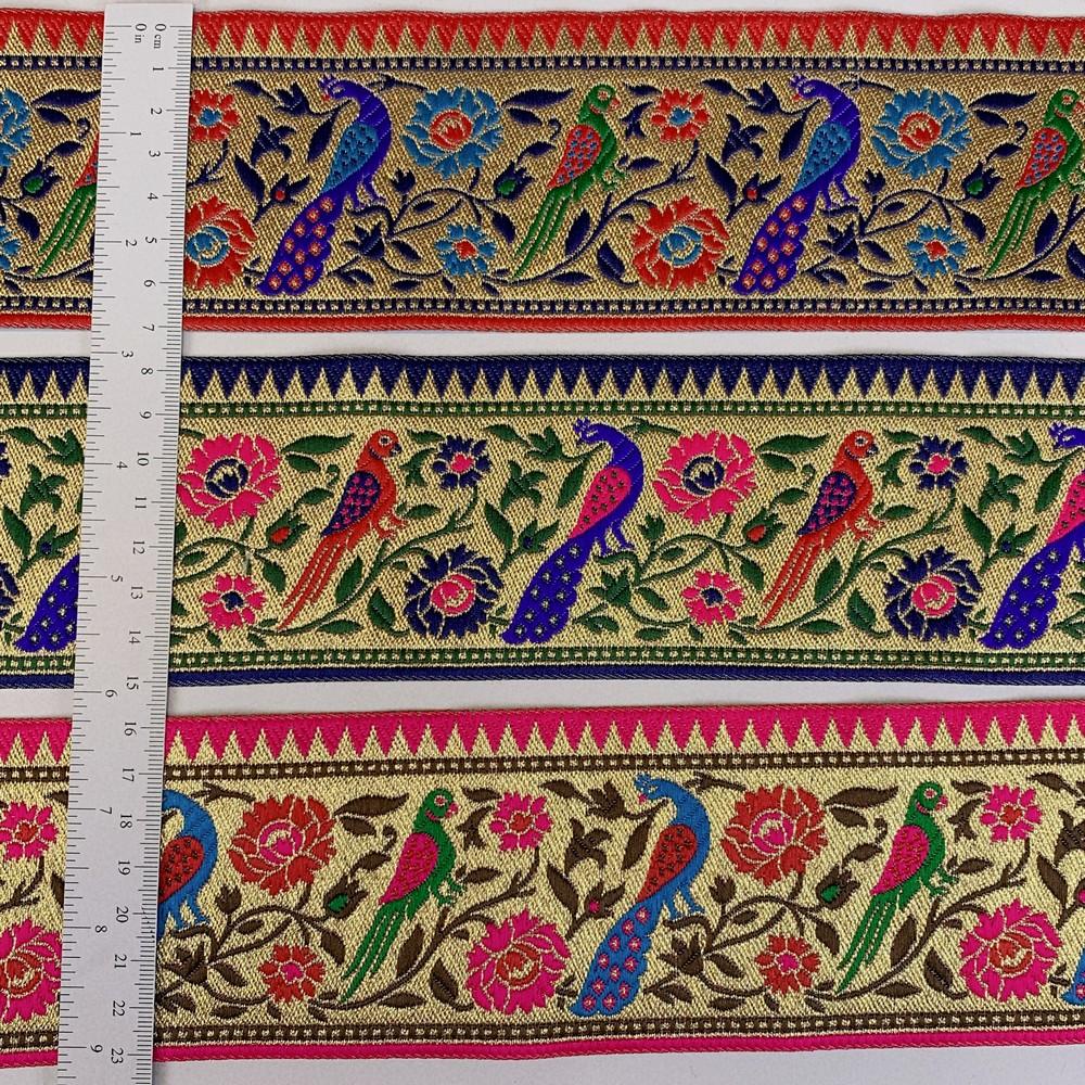 75mm Traditional Peacock & Parrot Jacquard Ribbon - Woven Banarasi Golden Zari Border for Ethnic Wear, view 2