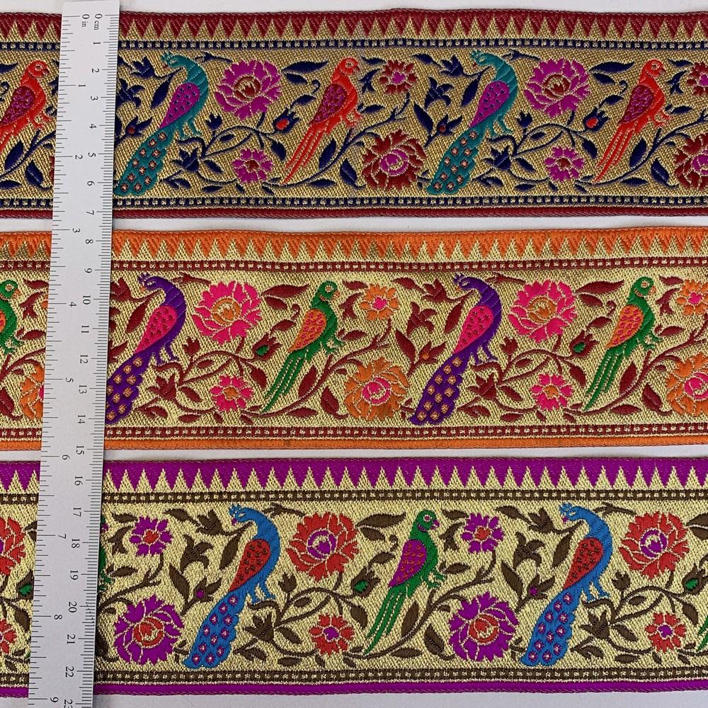 75mm Traditional Peacock & Parrot Jacquard Ribbon - Woven Banarasi Golden Zari Border for Ethnic Wear, view 3