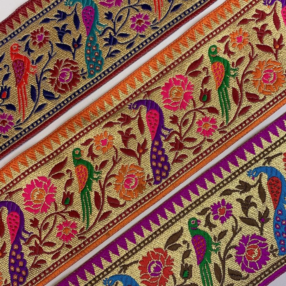 75mm Traditional Peacock & Parrot Jacquard Ribbon - Woven Banarasi Golden Zari Border for Ethnic Wear, view 4