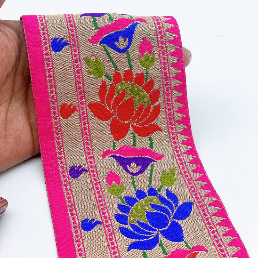 95mm Traditional Kamal Lotus Jacquard Ribbon - Woven Banarasi Zari Border for Ethnic Wear in Pink
