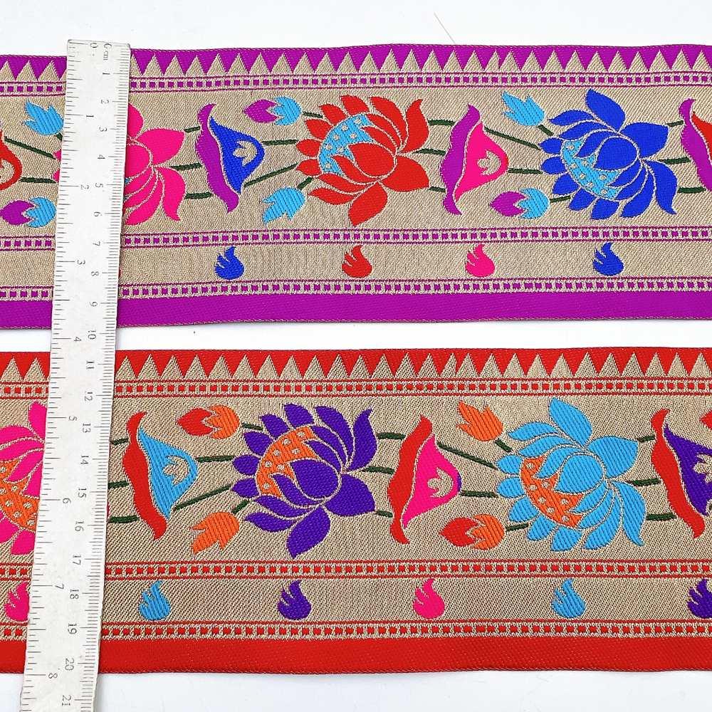 95mm Traditional Kamal Lotus Jacquard Ribbon - Woven Banarasi Zari Border for Ethnic Wear, view 3