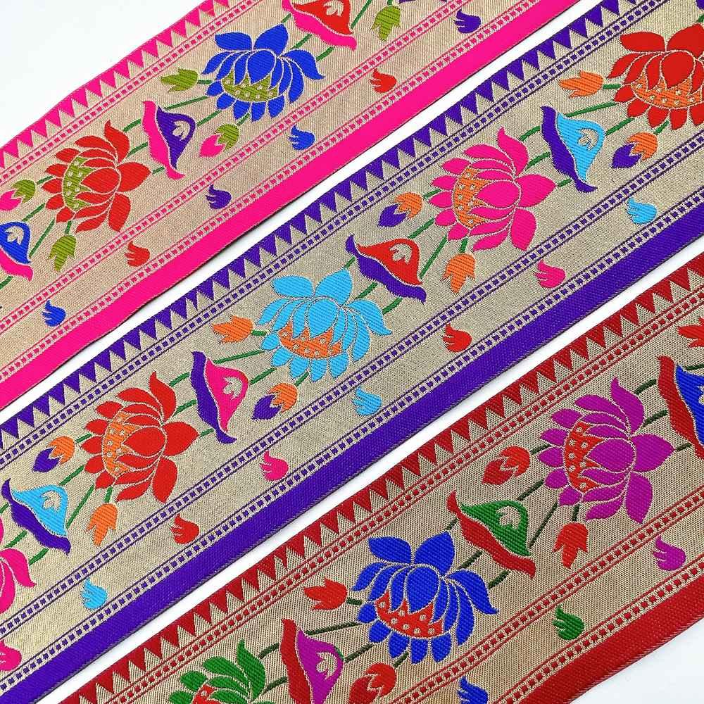 95mm Traditional Kamal Lotus Jacquard Ribbon - Woven Banarasi Zari Border for Ethnic Wear, view 4