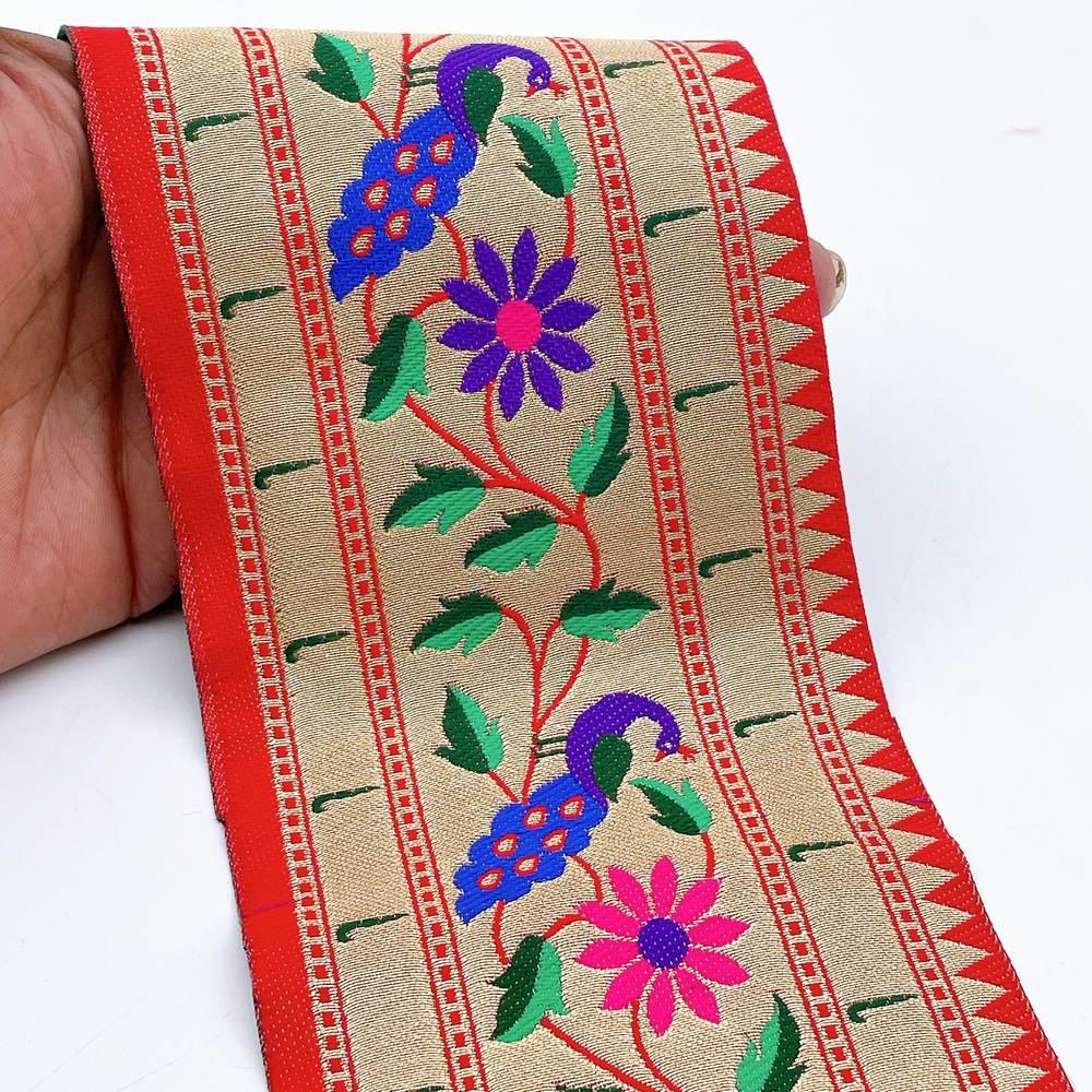 100mm Traditional Peacock & Floral Vine Jacquard Ribbon - Woven Banarasi Zari Border for Ethnic Wear in Red