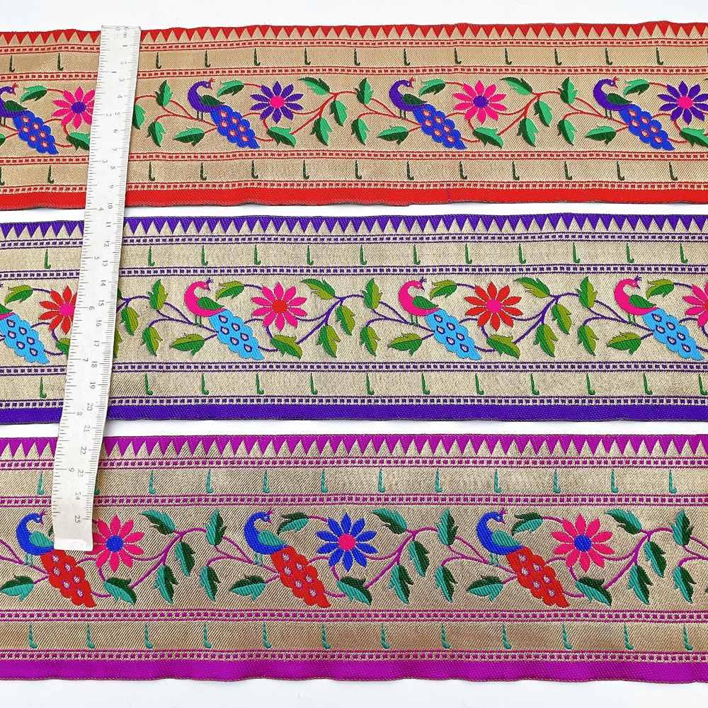 100mm Traditional Peacock & Floral Vine Jacquard Ribbon - Woven Banarasi Zari Border for Ethnic Wear, view 2