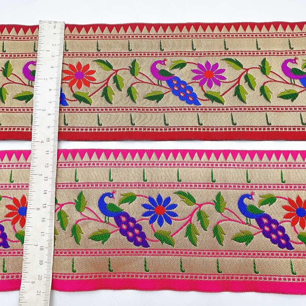 100mm Traditional Peacock & Floral Vine Jacquard Ribbon - Woven Banarasi Zari Border for Ethnic Wear, view 3