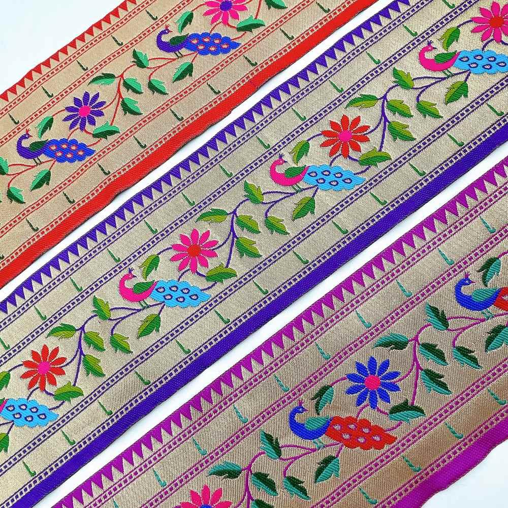 100mm Traditional Peacock & Floral Vine Jacquard Ribbon - Woven Banarasi Zari Border for Ethnic Wear, view 4