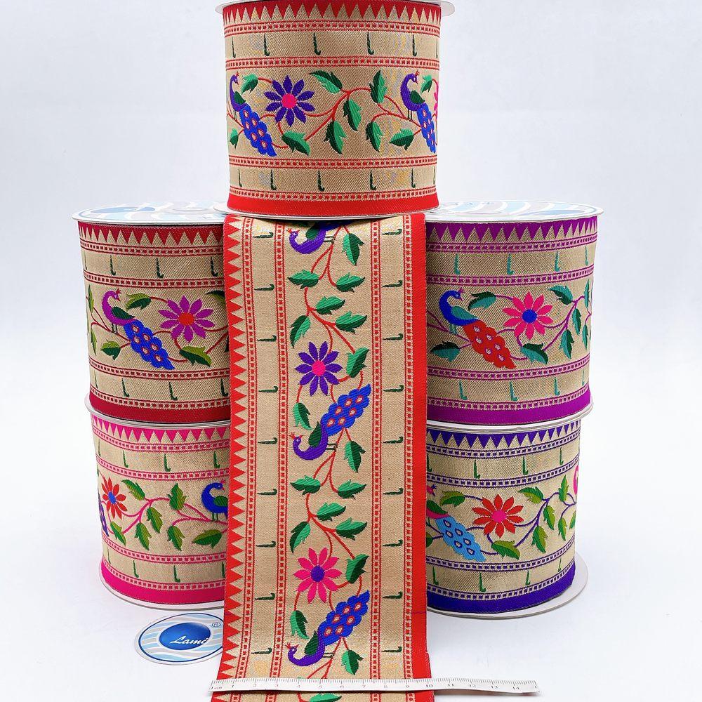 100mm Traditional Peacock & Floral Vine Jacquard Ribbon - Woven Banarasi Zari Border for Ethnic Wear, view 1