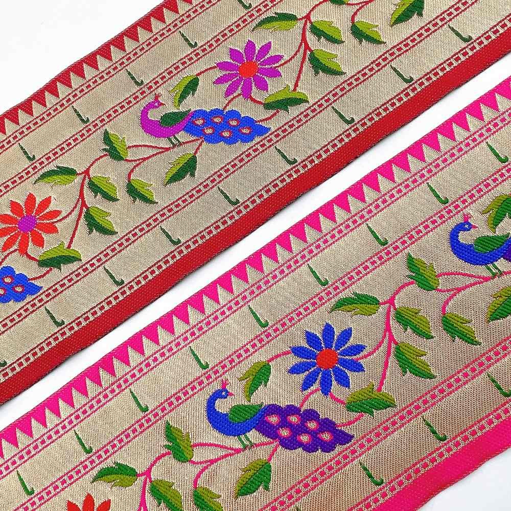 100mm Traditional Peacock & Floral Vine Jacquard Ribbon - Woven Banarasi Zari Border for Ethnic Wear, view 5