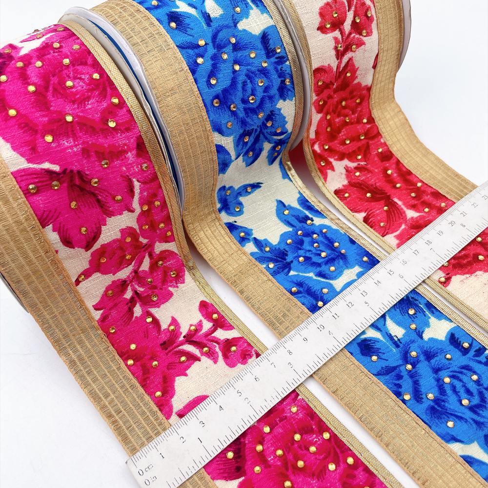 75mm Floral Tapestry Jacquard Ribbon Trim with Stone Work - Gold Zari Border for Ethnic Wear, view 1