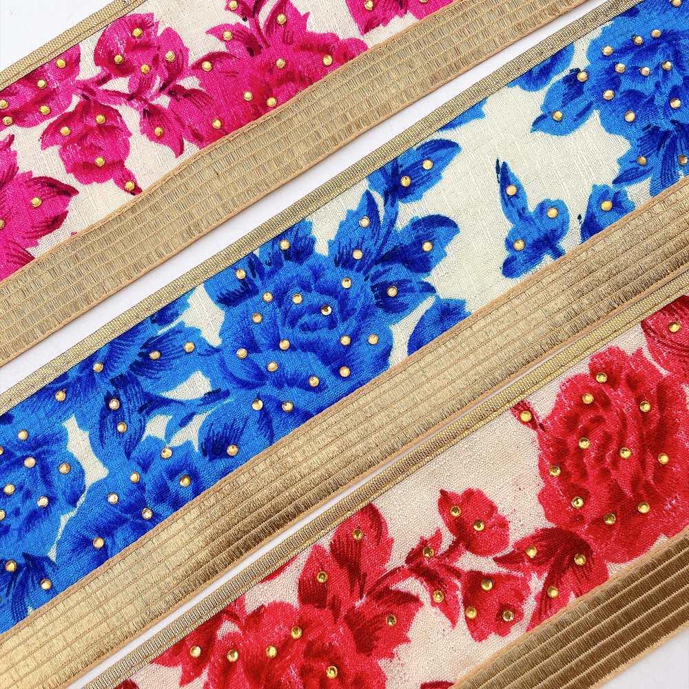 75mm Floral Tapestry Jacquard Ribbon Trim with Stone Work - Gold Zari Border for Ethnic Wear, view 3