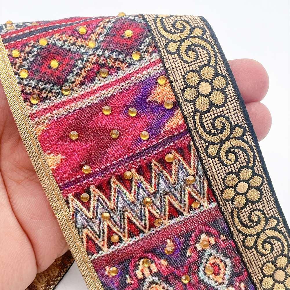 75mm Kutchi Geometric Jacquard Ribbon Trim with Stone Work - Gold Zari Border for Ethnic Wear in Multicolour