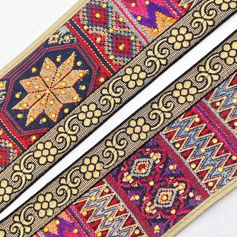 75mm Kutchi Geometric Jacquard Ribbon Trim with Stone Work - Gold Zari Border for Ethnic Wear, view 2